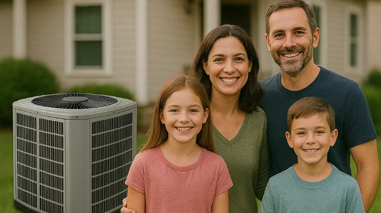 a family outside the house smiling at the camera with a new AC unit next to them from Air Conditioning Repair Dallas in Dallas, TX - Air Conditioner Installation