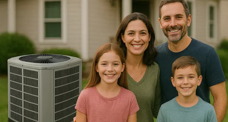 a family outside the house smiling at the camera with a new AC unit next to them from Air Conditioning Repair Dallas in Dallas, TX - Air Conditioner Installation