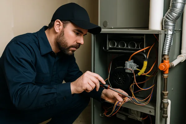 a male air conditioning technician checking a furnace wiring from Air Conditioning Repair Dallas in Dallas, TX - Air Conditioner Installation