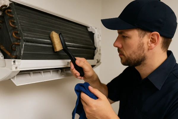 an air conditioning technician cleaning the coils of an AC unit from Air Conditioning Repair Dallas in Dallas, TX - Air Conditioning Best Practices