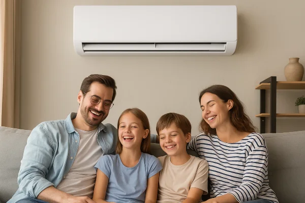 a family on a couch enjoying the cool air coming from a mini split AC unit from Air Conditioning Repair Dallas in Dallas, TX - Air Conditioning Best Practices
