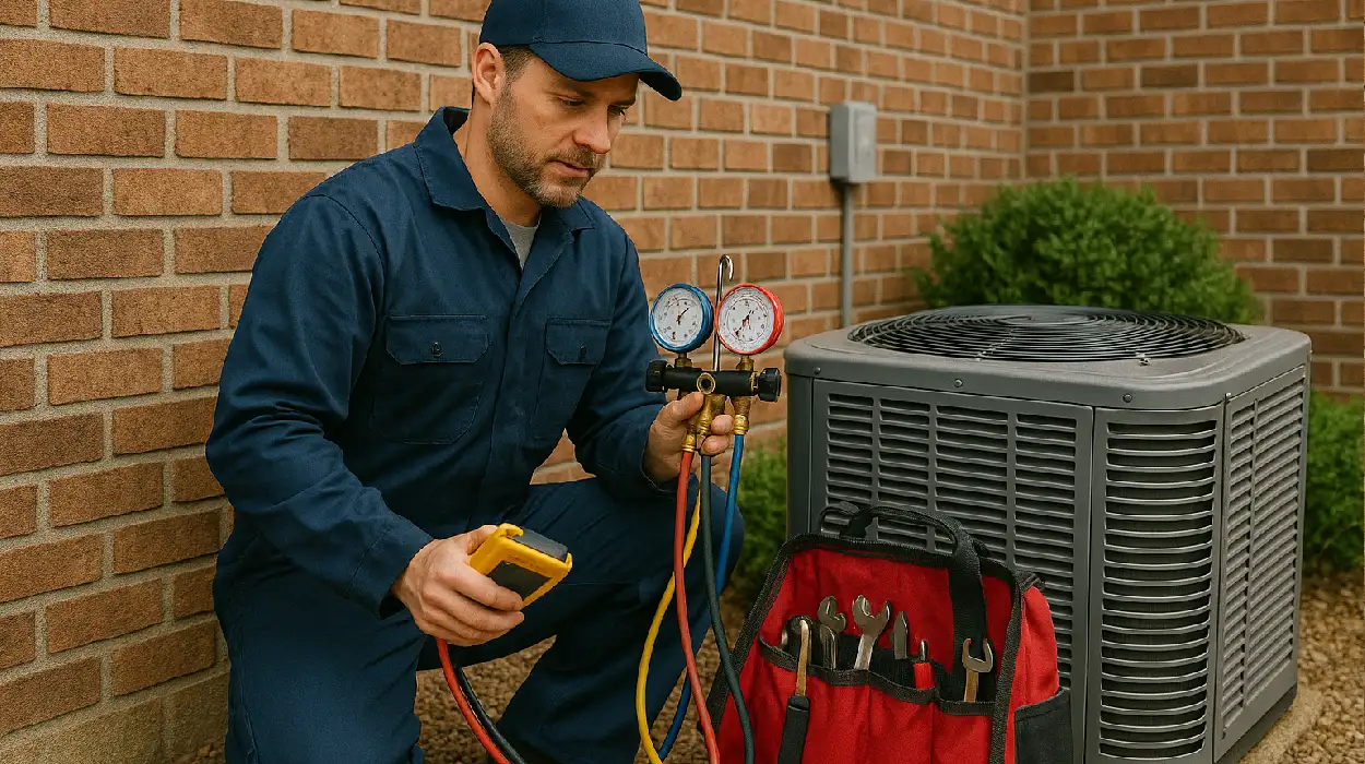 an air conditioning technician with his tools checking an outside ac unite from Air Conditioning Repair Dallas in Dallas, TX - Air Conditioning Contractor
