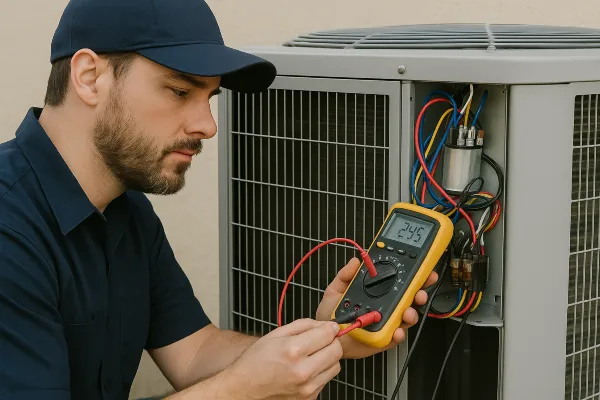 an air conditioning technician using a ac current meter from Air Conditioning Repair Dallas in Dallas, TX - Air Conditioning Contractor an air conditioning technician using a ac current meter from Air Conditioning Repair Dallas in Dallas, TX - Air Conditioning Contractor