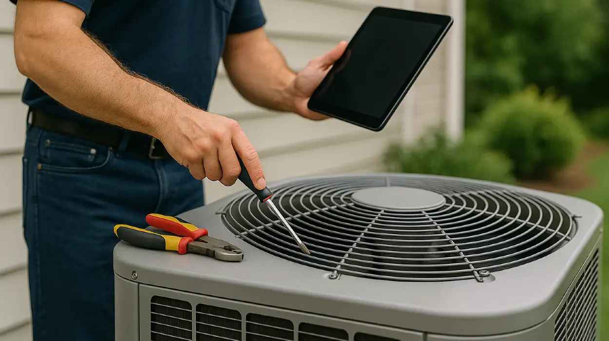 a male air conditioning technician testing an outside ac unit from Air Conditioning Repair Dallas in Dallas, TX - Air Conditioning Inspection