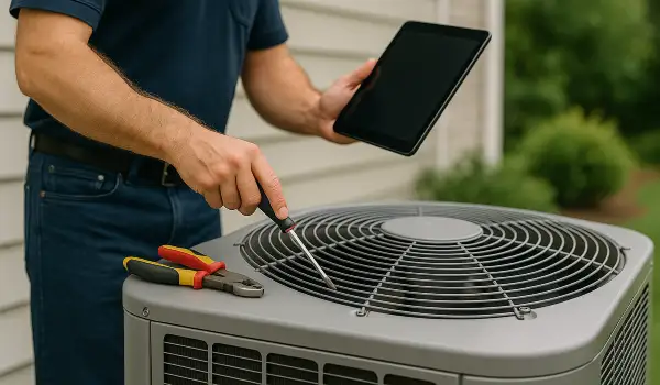 a male air conditioning technician testing an outside ac unit from Air Conditioning Repair Dallas in Dallas, TX - Air Conditioning Inspection