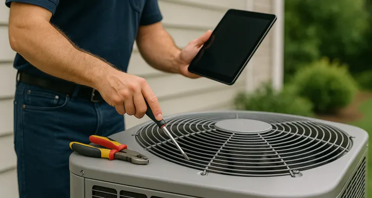 a male air conditioning technician testing an outside ac unit from Air Conditioning Repair Dallas in Dallas, TX - Air Conditioning Inspection