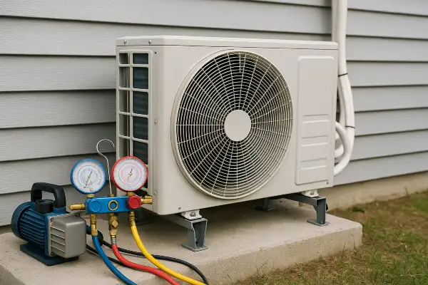 an ac unit outside with an ac manifold gauge next to it from Air Conditioning Repair Dallas in Dallas, TX - Air Conditioning Inspection