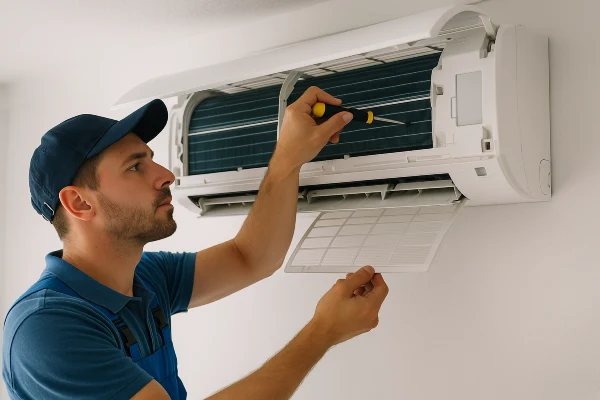 an air conditioning technician checking a mini split ac from Air Conditioning Repair Dallas in Dallas, TX - Air Conditioning Inspection