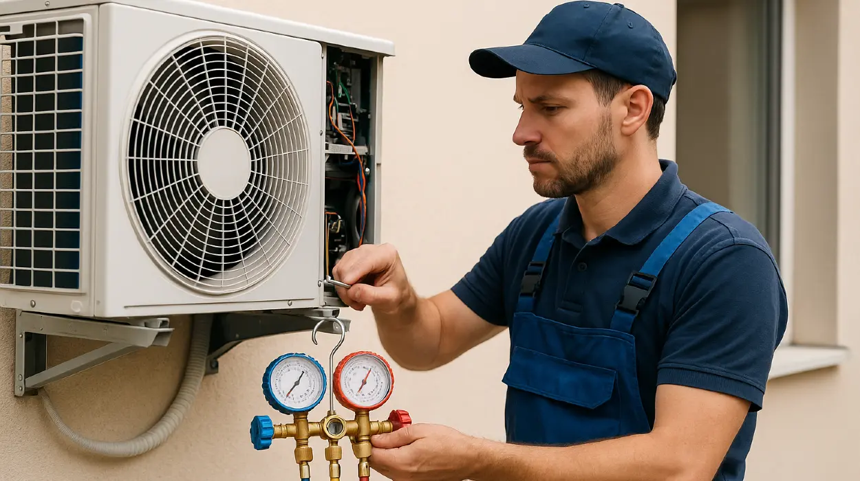 a male air conditioning technician checking an ac unit from Air Conditioning Repair Dallas in Dallas, TX - Air Conditioning Technician a male air conditioning technician checking an ac unit from Air Conditioning Repair Dallas in Dallas, TX