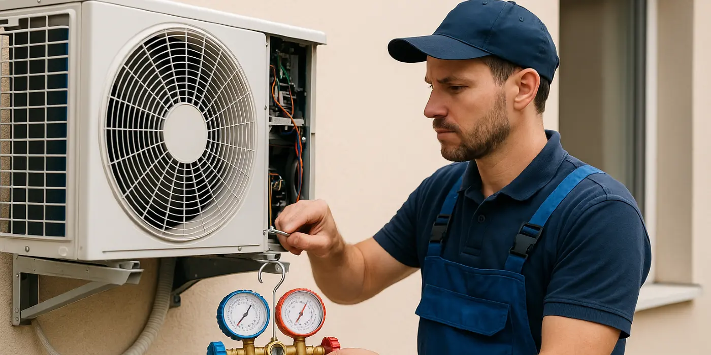 a male air conditioning technician checking an ac unit from Air Conditioning Repair Dallas in Dallas, TX - Air Conditioning Technician a male air conditioning technician checking an ac unit from Air Conditioning Repair Dallas in Dallas, TX