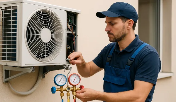 a male air conditioning technician checking an ac unit from Air Conditioning Repair Dallas in Dallas, TX - Air Conditioning Technician a male air conditioning technician checking an ac unit from Air Conditioning Repair Dallas in Dallas, TX
