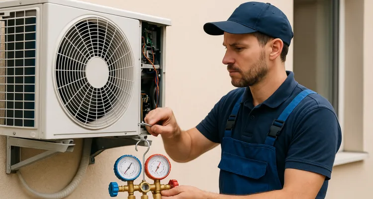 a male air conditioning technician checking an ac unit from Air Conditioning Repair Dallas in Dallas, TX - Air Conditioning Technician a male air conditioning technician checking an ac unit from Air Conditioning Repair Dallas in Dallas, TX