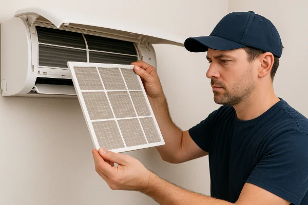 a male air conditioning technician replacing an ac filter from Air Conditioning Repair Dallas in Dallas, TX a male air conditioning technician replacing an ac filter from Air Conditioning Repair Dallas in Dallas, TX