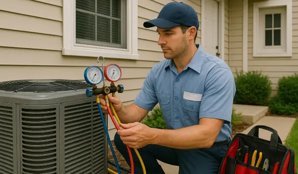 an air conditioning technician in uniform using the manifold gauge to test an ac unit from Air Conditioning Repair Dallas in Dallas, TX - Commercial Air Conditioning Services