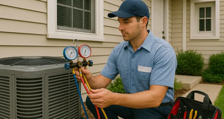 an air conditioning technician in uniform using the manifold gauge to test an ac unit from Air Conditioning Repair Dallas in Dallas, TX - Commercial Air Conditioning Services