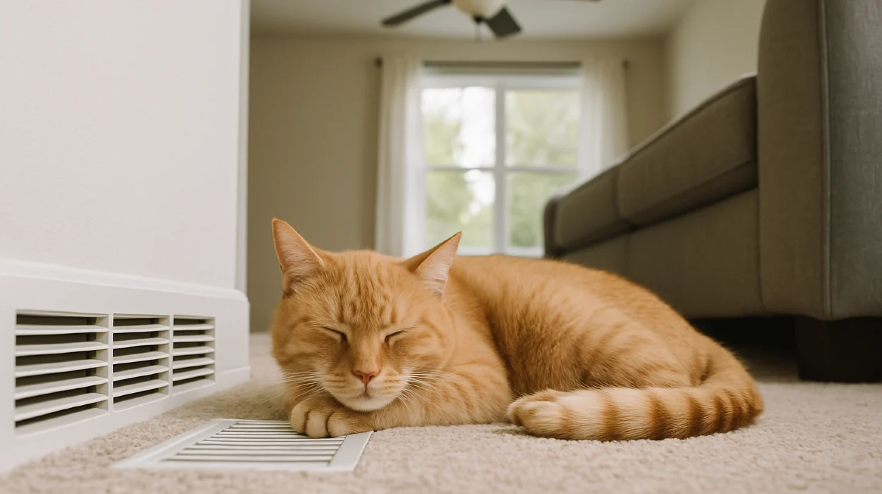 an orange cat laying on the carpet next to an AC vent from Air Conditioning Repair Dallas in Dallas, TX - Emergency Air Conditioning Repair