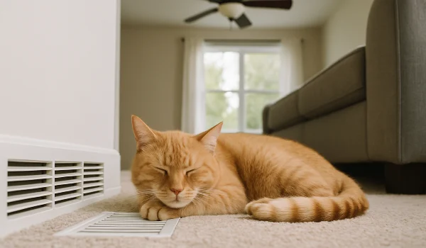 an orange cat laying on the carpet next to an AC vent from Air Conditioning Repair Dallas in Dallas, TX - Emergency Air Conditioning Repair