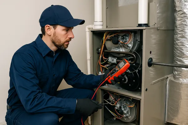 a male air conditioning technician using a current meter on a furnace unit from Air Conditioning Repair Dallas in Dallas, TX - Emergency Air Conditioning Repair