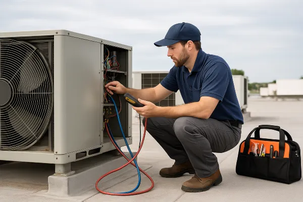 a male air conditioning technician on the roof checking an AC unit from Air Conditioning Repair Dallas in Dallas, TX - Emergency Air Conditioning Repair