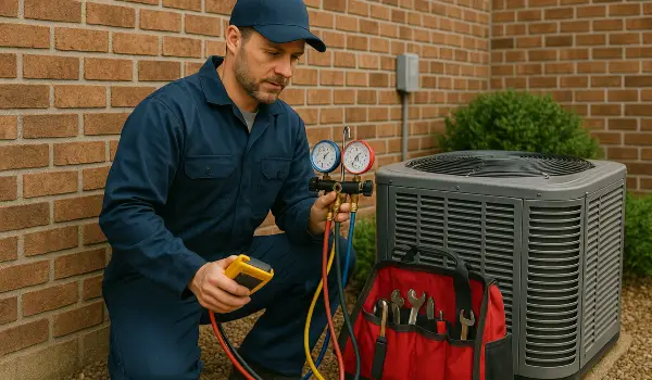 an air conditioning technician with his tools checking an outside ac unite from Air Conditioning Repair Dallas in Frisco, TX - Frisco TX