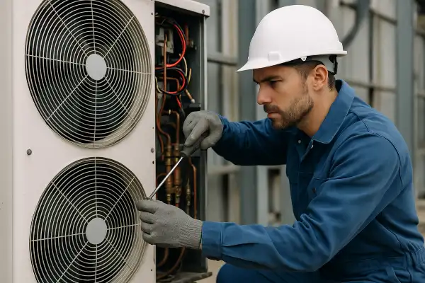 a male air conditioning technician using a scredriver to open an AC unit from Air Conditioning Repair Dallas in Dallas, TX - HVAC Maintenance