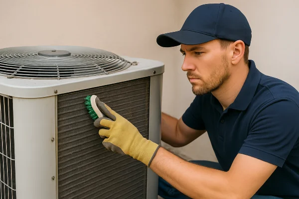 a male air conditioning technician cleaning the coils of an old AC unit from Air Conditioning Repair Dallas in Dallas, TX - HVAC Maintenance