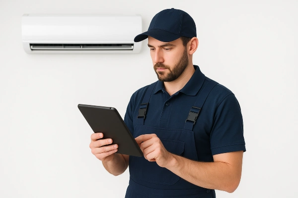 an air conditioning technician with an ipad filling out a report from Air Conditioning Repair Dallas in Irving, TX - Irving TX