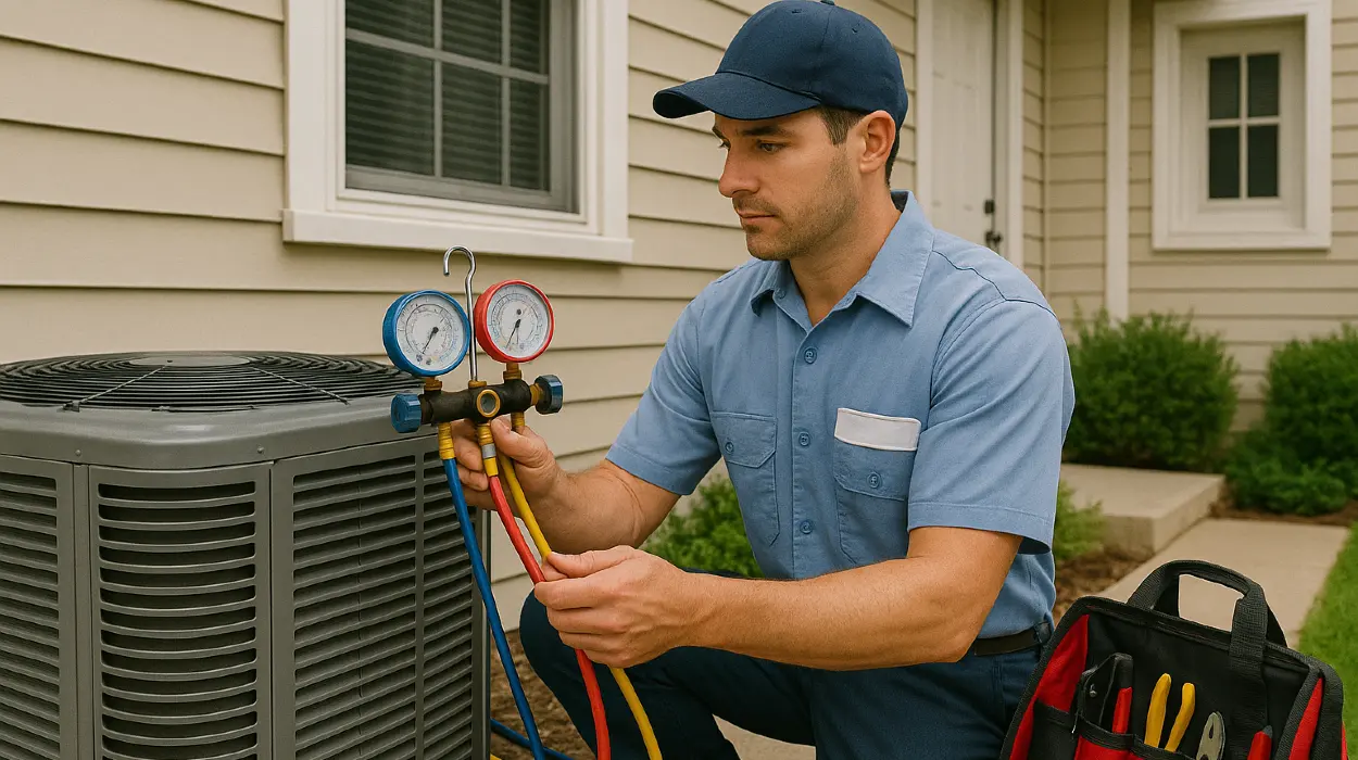 an air conditioning technician in uniform using the manifold gauge to test an ac unit from Air Conditioning Repair Dallas in Plano, TX - Plano TX