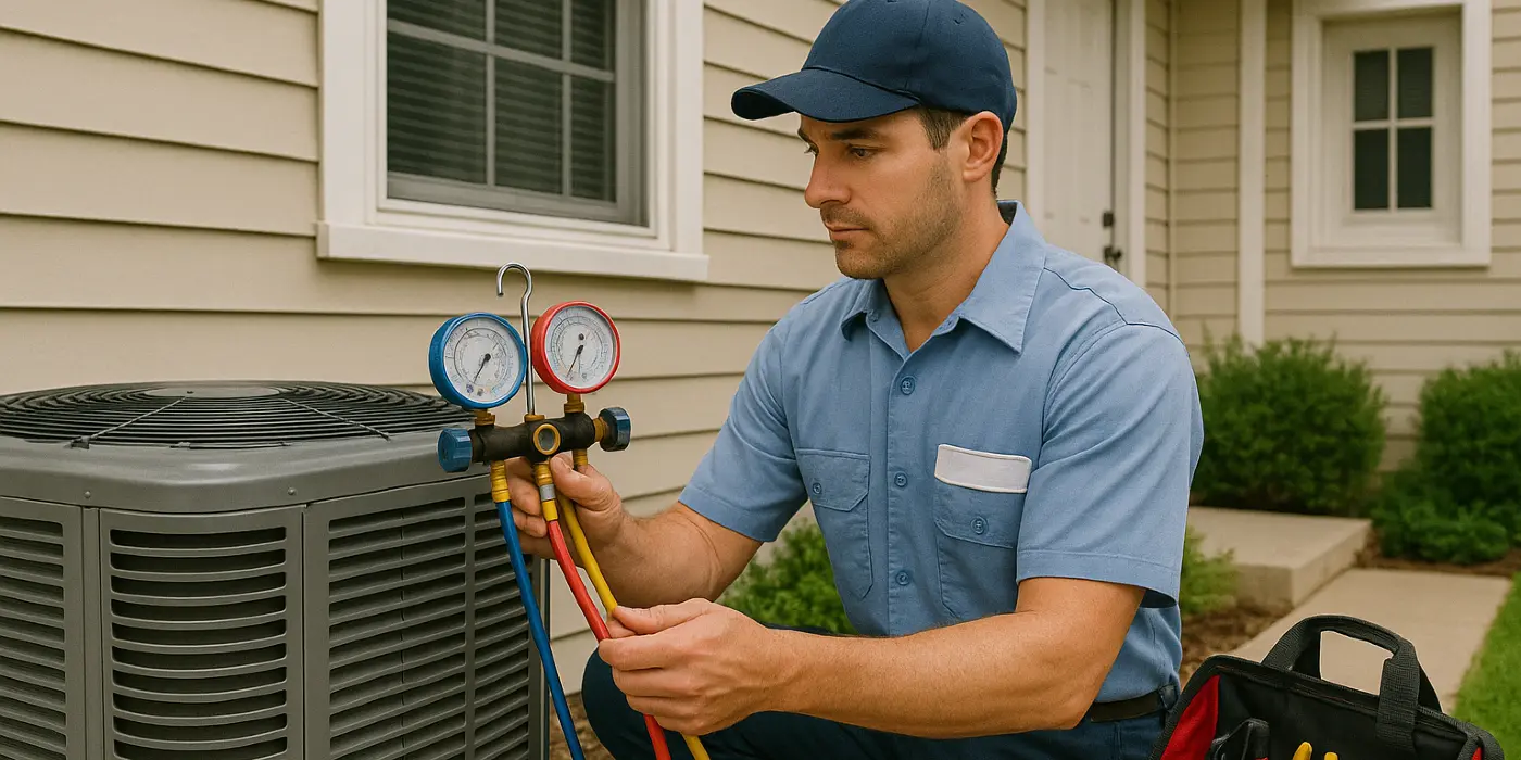 an air conditioning technician in uniform using the manifold gauge to test an ac unit from Air Conditioning Repair Dallas in Plano, TX - Plano TX