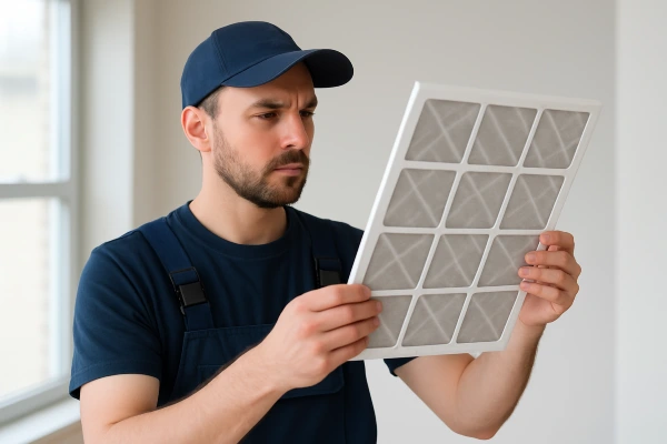 an air conditioning technician holding and checking an ac filter from Air Conditioning Repair Dallas in Plano, TX - Plano TX