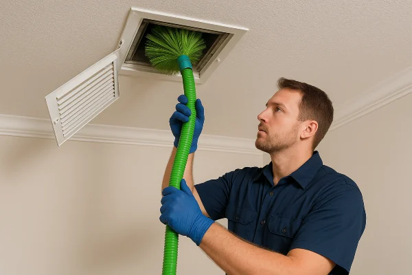 an air conditioning technician cleaning the ducts with a machine from Air Conditioning Repair Dallas in Plano, TX - Plano TX