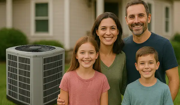 a family outside the house smiling at the camera with a new AC unit next to them from Air Conditioning Repair Dallas in Richardson, TX - Richardson TX